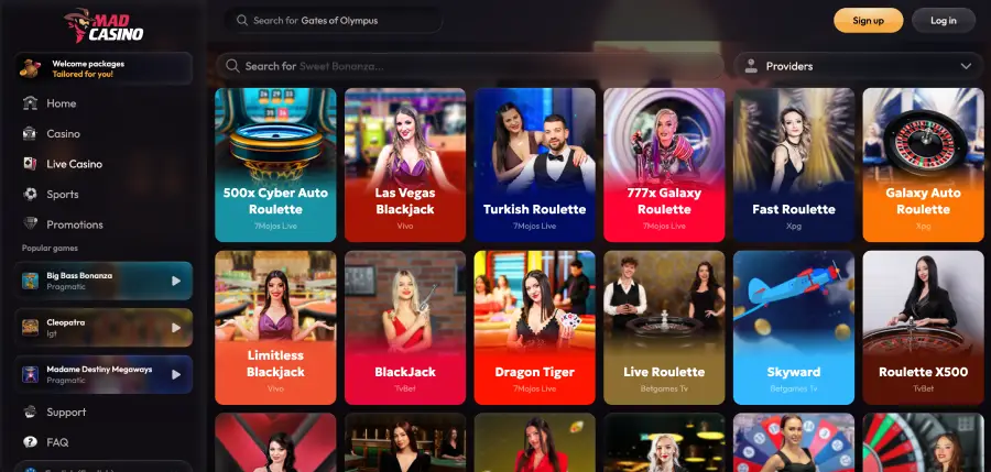 Mad casino games review showing slot machines and live dealer tables
